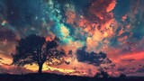 Surreal cosmic sky with a solitary tree