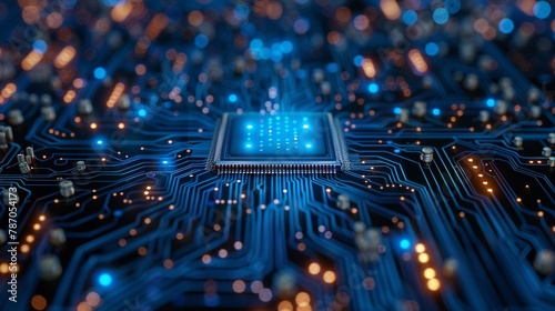 Blue circuit board technical digital background.