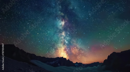 Starry night sky over mountain range photo