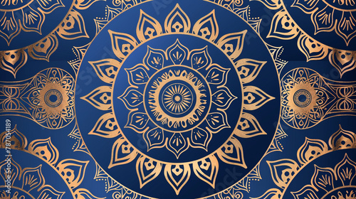 Art deco and geometric shapes in a mandala, royal blue and gold luxury design.