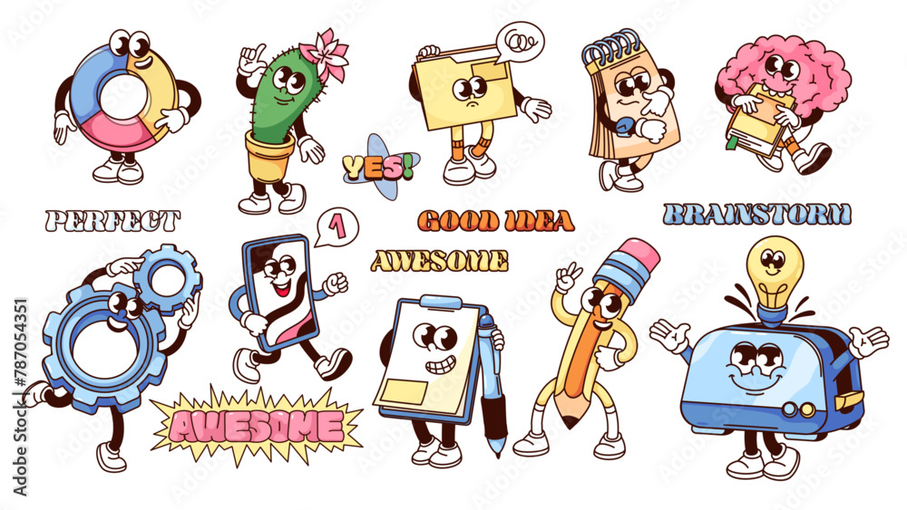 Fototapeta premium Groovy cartoon characters and stickers set for brainstorm. Funny retro pie chart and notepad with pen, brain and pencil, cactus pot. Cartoon brainstorm mascots in 70s 80s style vector illustration