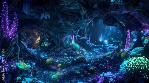 Neon cave networks, bioluminescent flora light up subterranean vistas. photo