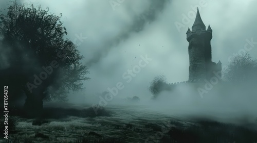 Mysterious and horror ancient tower in misty landscape
