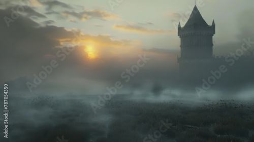 A spooky medieval tower stands tall amidst a misty setting