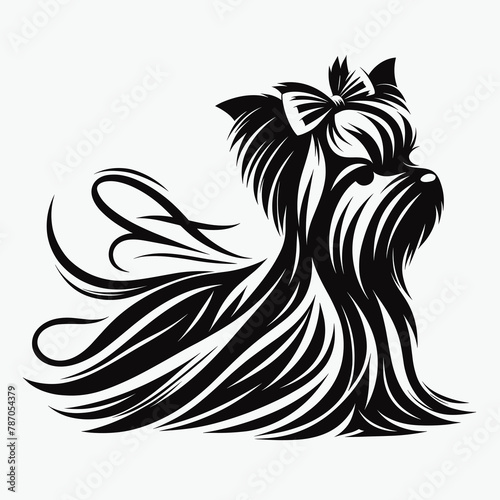 Abstract Minimalist Stroke Line Silhouette of Yorkshire Terrier with Bows, Black and White, on Plain Background photo