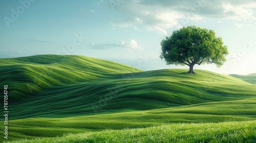 A green tree on a green hill, blue sky and white clouds in the background, Generative AI