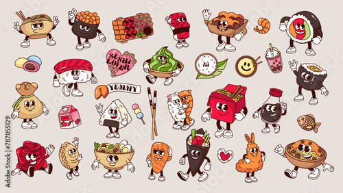 Groovy cartoon characters of Japanese food and stickers with text set. Funny retro sushi and ramen, happy onigiri and cute noodle box mascots, cartoon food emoji of 70s 80s style vector illustration