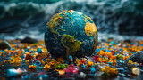 A globe is surrounded by plastic and other debris.