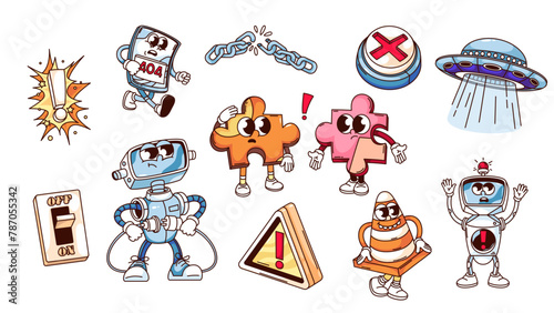 Groovy cartoon characters and elements set to disconnect internet connection. Funny retro offline network mascots collection, cartoon broken internet stickers of 70s 80s style vector illustration
