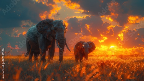 Two elephants are peacefully grazing in a field under the colorful afterglow of the sunset, surrounded by lush plants and a serene natural landscape photo
