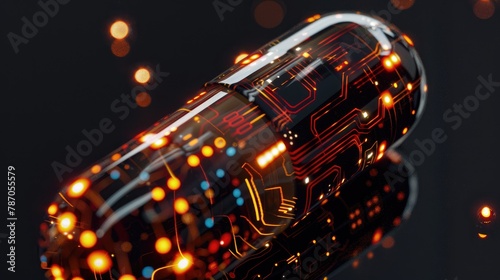 AI-Enhanced Smart Pill Close-Up with Glowing Circuitry. © _veiksme_