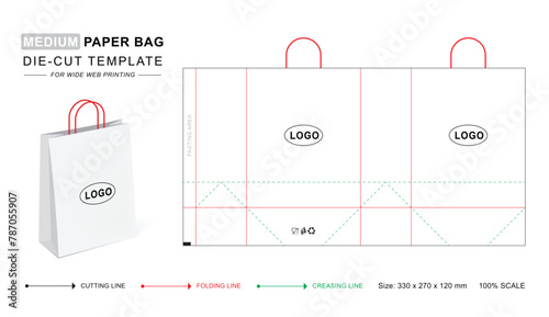 Gift bag die cut template with 3D blank vector mockup. Shopping bag for retail business