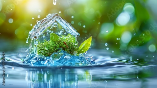 A conceptual image of a green, eco-friendly house submerged in water with plants and a dynamic splash, symbolizing renewable energy and sustainability.