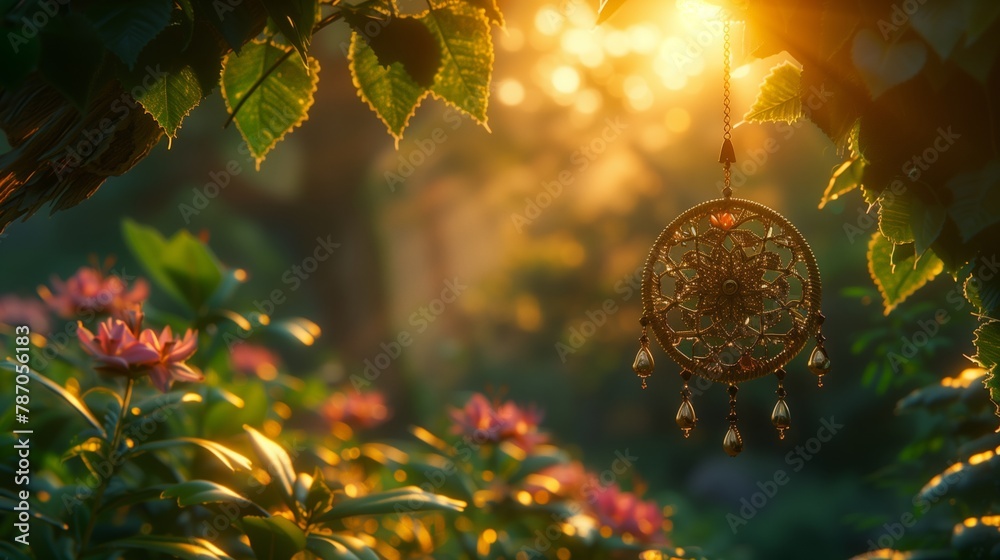 Dream catcher hanging from a tree in a garden, enhancing the natural landscape - obrazy, fototapety, plakaty 