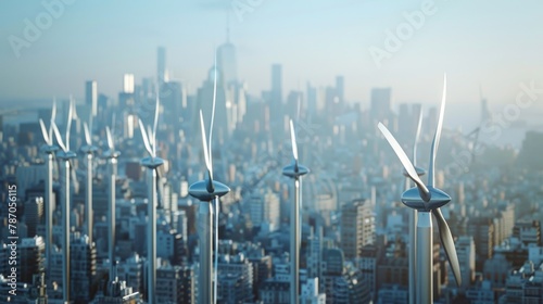 Vertical wind turbines integrate into the cityscape on urban rooftops, exemplifying sleek renewable energy solutions.