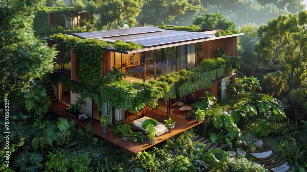Self-sustaining architecture featuring solar panels, green roofs, and zero-energy buildings in this detailed stock photo. Self-sustaining architecture featuring solar panels, green roofs, and zero-energy buildings in this detailed stock photo.