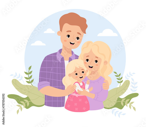 Happy family. Cute man father  with blonde wife and daughter. Vector illustration