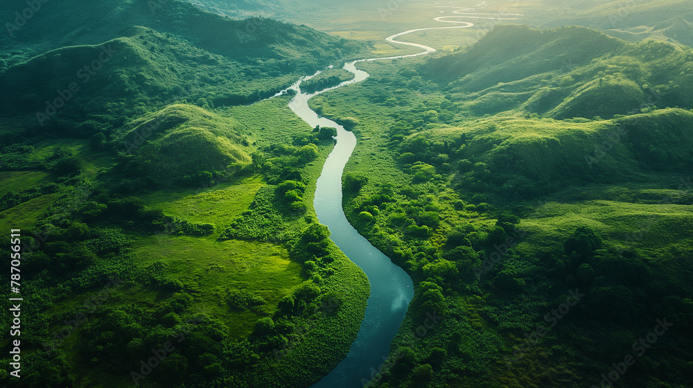 Aerial shot of a winding river flowing through lush green valleys. Happiness, love, courage, desire to live