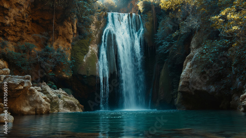 Majestic waterfall cascading down rugged cliffs into a crystal-clear pool below. Happiness, love, courage, desire to live