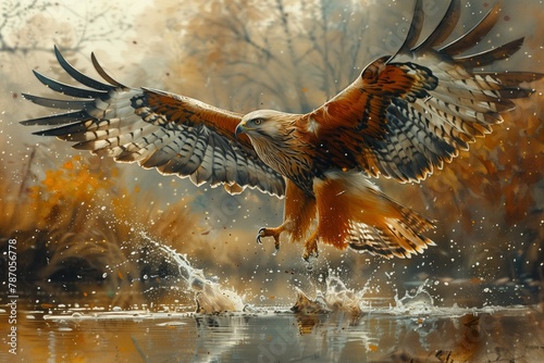 A majestic eagle, belonging to the family Accipitridae, soars gracefully over a shimmering body of water with its powerful wings and sharp beak photo