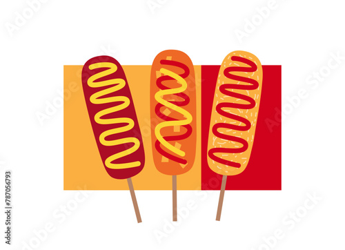 Korean potato studded Corndog with Ketchup and mustard sauces