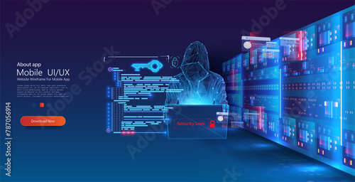 Cybersecurity Digital Interface with Holographic Projection and Server Racks. Showcasing a user interface for mobile app development with digital security elements and futuristic server background.