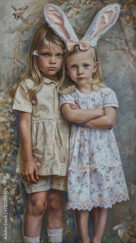Little boy and girl in pastel with rabbit ears stand on the background © Sattawat