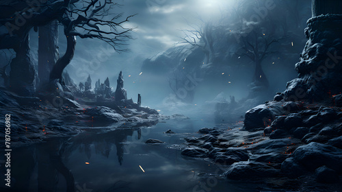Creepy halloween landscape with spooky forest and river. photo