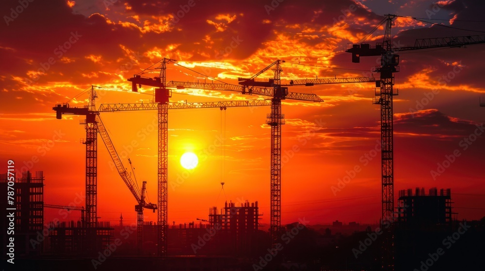 Fototapeta premium Construction cranes above the unfinished residential building against sunshine. Housing construction, apartment block in city