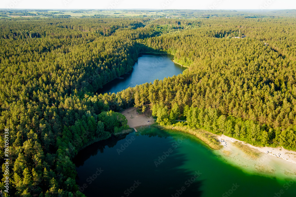 Aerial view of beautiful green waters of lake Gela. Birds eye view of scenic emerald lake surrounded by pine forests. Clouds reflecting in Gela lake, Lithuania.