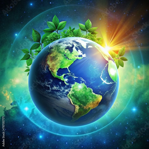 A picture of an earth with a green plant and World Earth Day Earth Day concept Save the Earth