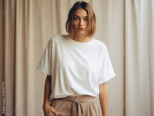 Young woman model dressed in white oversized tshirt. Blank tee front view mockup. Girl, mom short sleeve t-shirt design template  (ID: 787057717)