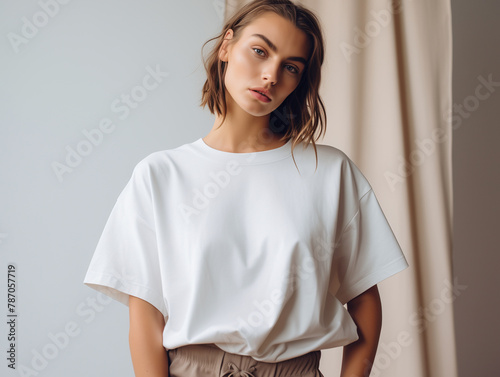 Young woman model dressed in white oversized tshirt. Blank tee front view mockup. Girl, mom short sleeve t-shirt design template  (ID: 787057719)