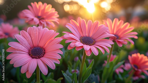 Vibrant Glow Pink Bloom Flowers Illuminated by the Golden Hour