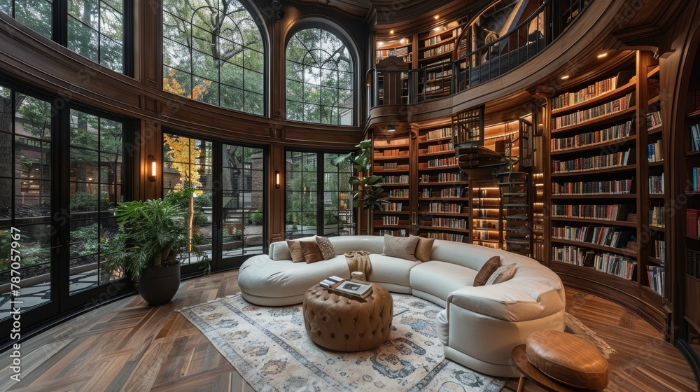 Home Libraries: Capture cozy reading nooks, floor-to-ceiling bookshelves, and inviting literary spaces to appeal to book lovers. - obrazy, fototapety, plakaty 