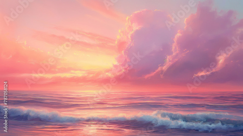 Sunrise over a tranquil ocean, painting the sky in shades of pink and orange. Happiness, love, courage, desire to live