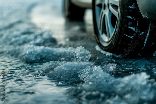 car tire closeup on the ice on the road, car tire closeup, car tire on the ice road, ice road with car tire, tire on the ice, road full with ice and a car photo