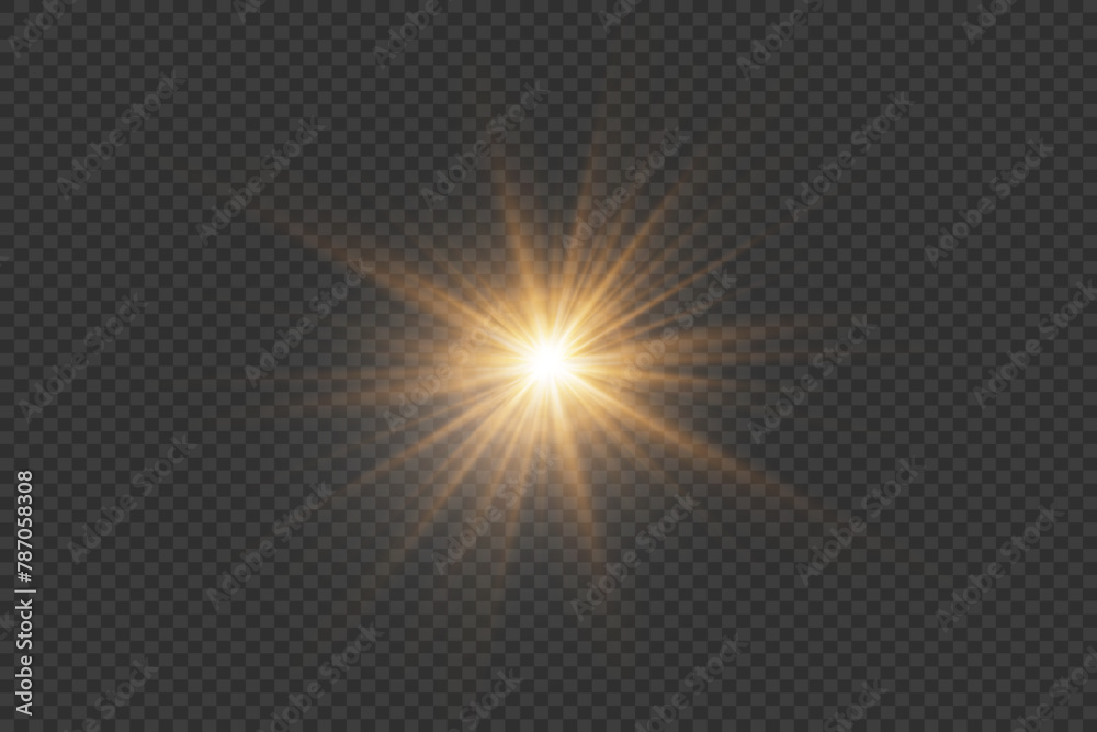 A flash of light and sun rays. Light glare of a star and twinkle. On a transparent background.