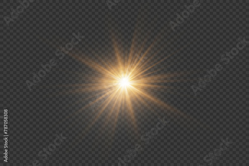 A flash of light and sun rays. Light glare of a star and twinkle. On a transparent background.