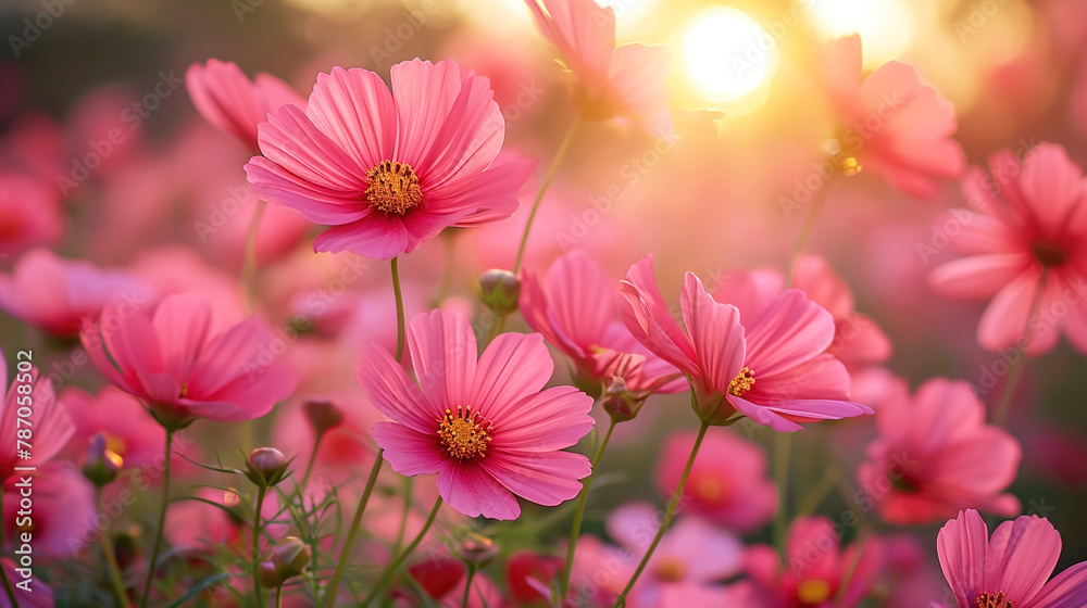 Vibrant Glow Pink Bloom Flowers Illuminated by the Golden Hour