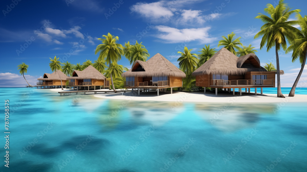Mini hotel on a small island in the middle of the ocean. The concept of traditional mini hotels in the Maldives.