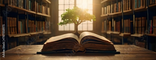 World philosophy day concept with tree of knowledge planting on opening old big book in library full of textbook. photo