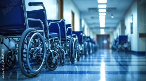 Empty wheelchair in hospital parking at corridor near a row of chairs for patient © Ruslan Gilmanshin