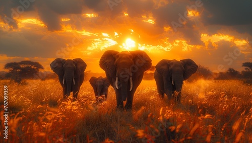 A herd of elephants gracefully grazing in a grassland under the stunning sunset sky, creating a mesmerizing natural landscape