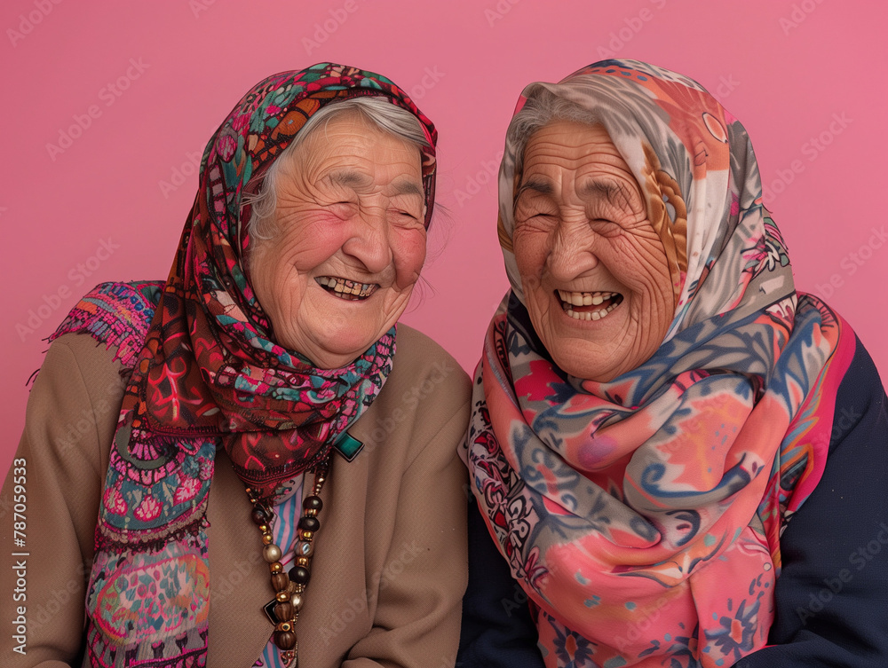 Two Pashto elderly woman from Pakistan smiling and laughing together.
