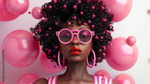 Style black woman on pink background, style 3D, cool, fashion, style, balloons.