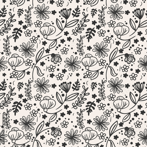 Seamless pattern with black brush flowers. Hand drawn monochrome ornament with linear flowers. Ink drawing wild plants  herbs or flowers. Geunge floral elements. Vector illustration