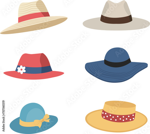 Summer women's hat set. Set of beach women's straw wide-brimmed hats of different colors with ribbons. Vector illustration isolated on white background