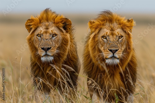 Two Masai lions, members of the Felidae family and carnivorous big cats, are strolling through tall grass in their natural environment, an ecoregion rich with diverse plant and animal organisms