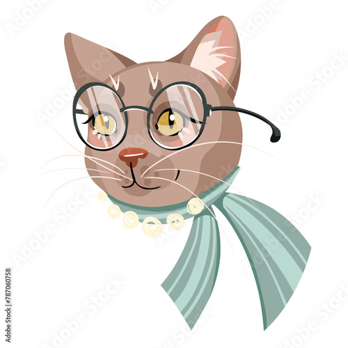 Fashionable cat girl with glasses and scarf, vector portrait on white background
